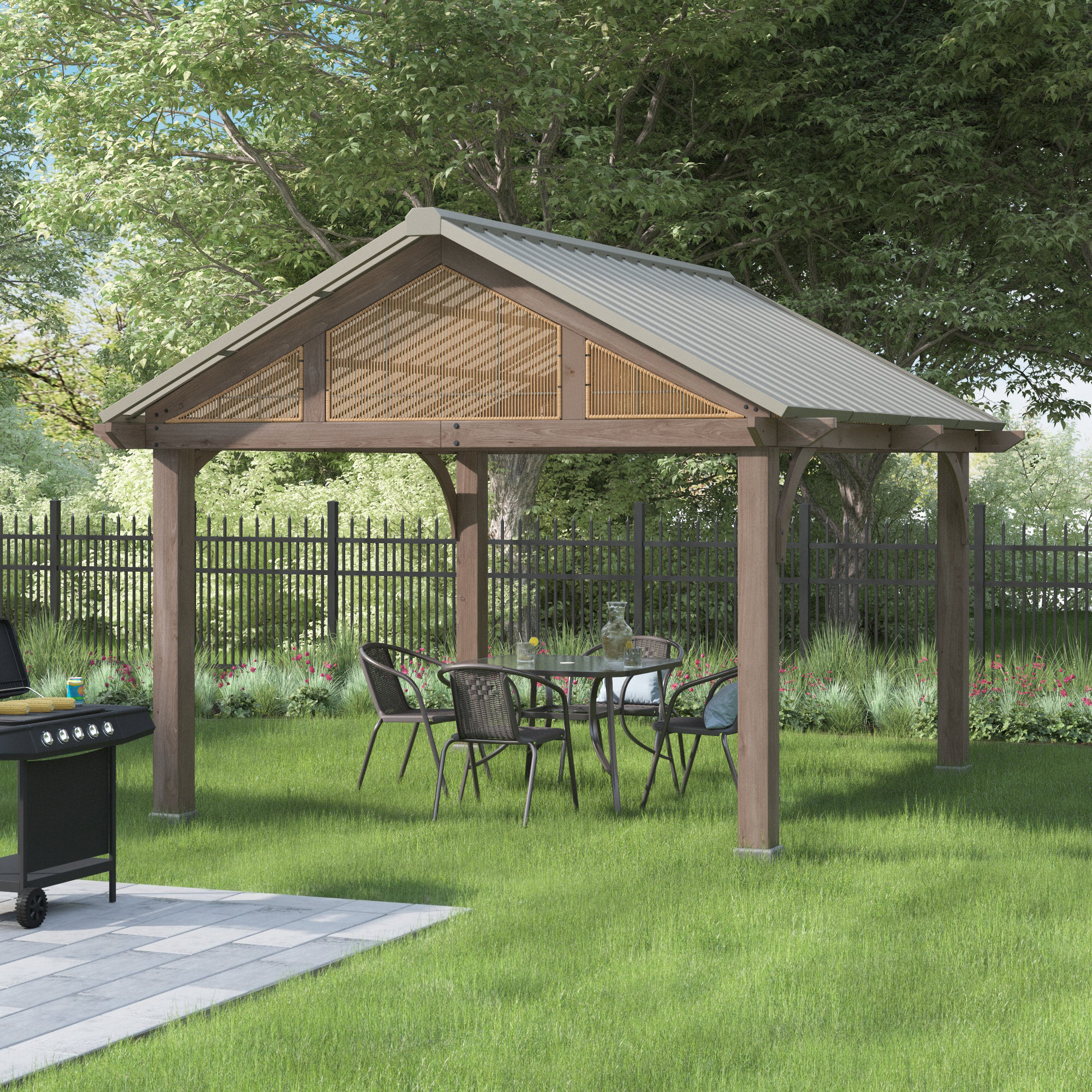 Sunjoy 12 x 14 ft. Wood Gazebo Premium Brown Cedar Wood